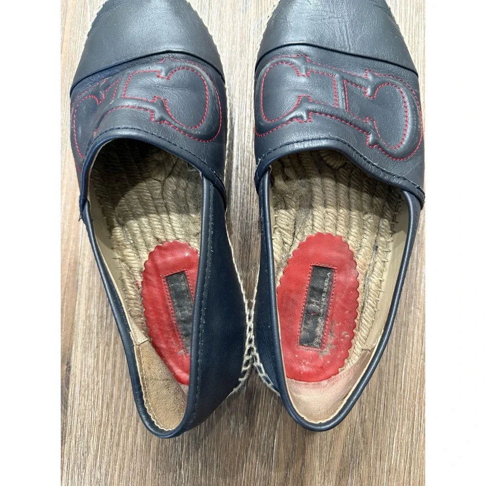 Carolina Herrera CH Initial Embossed Navy Glove Leather Espadrilles Flats Sz. 38